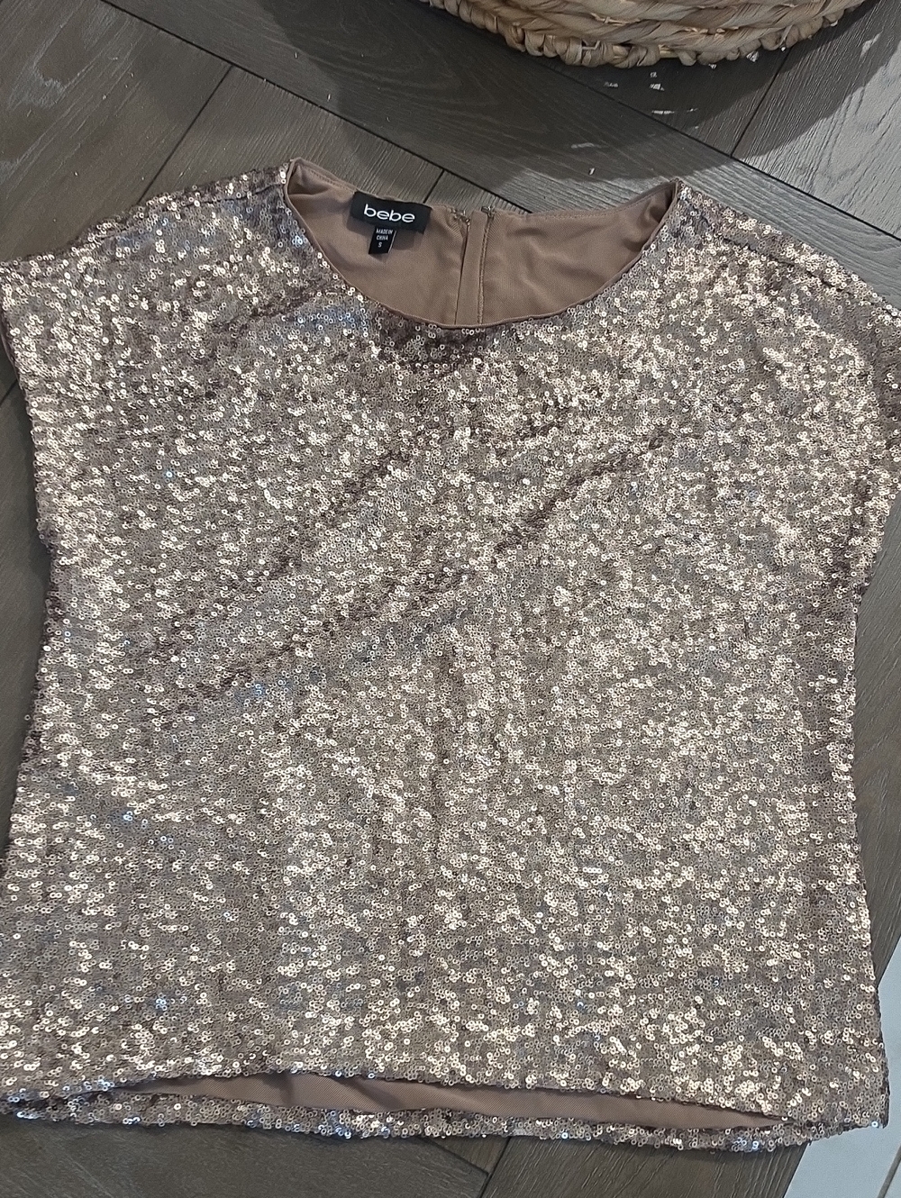 bebe Taupe Gold Sequin Cap Sleeve Top